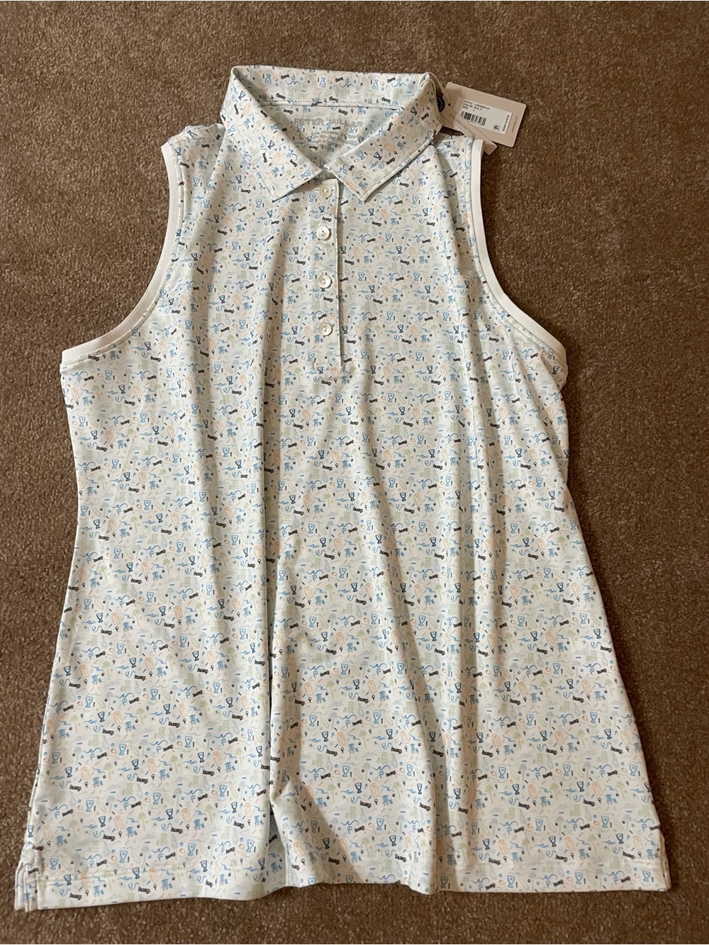 Peter Millar Sleeveless Polo Tank in Cream with Blue and Tan Print